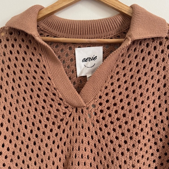 NWT Aerie Oversized Open Knit Polo Sweater in Tan Women’s Size Small 100% Cotton - Picture 3 of 5